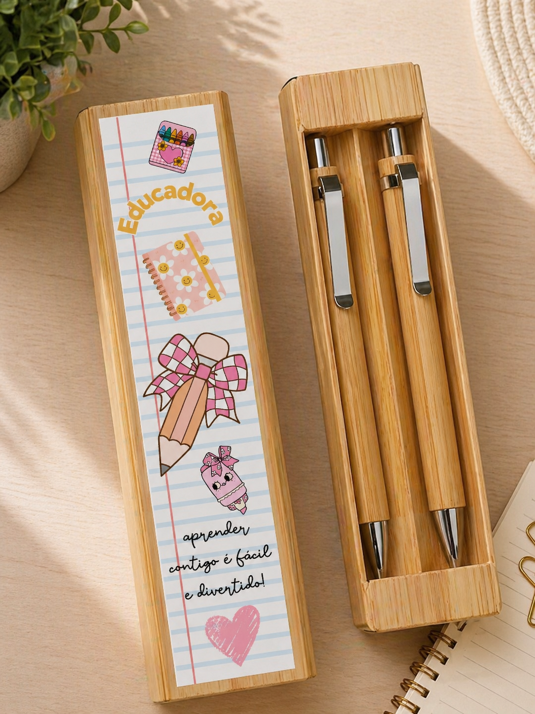 Conjunto caneta e lapiseira “aprender contigo é fácil e divertido!”