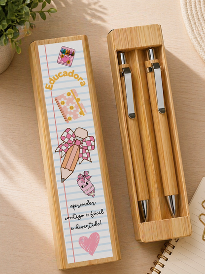 Conjunto caneta e lapiseira “aprender contigo é fácil e divertido!”