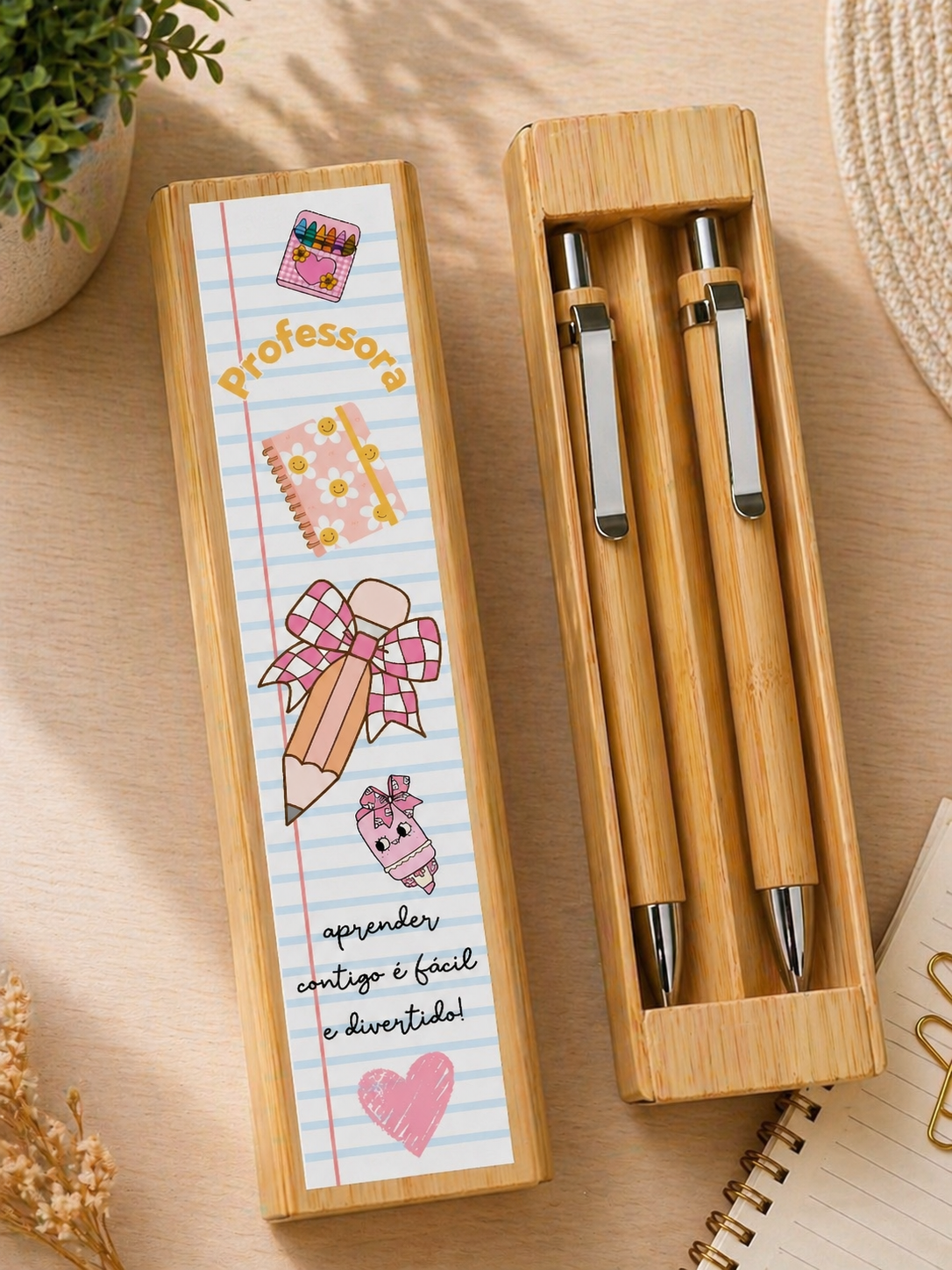 Conjunto caneta e lapiseira “aprender contigo é fácil e divertido!”