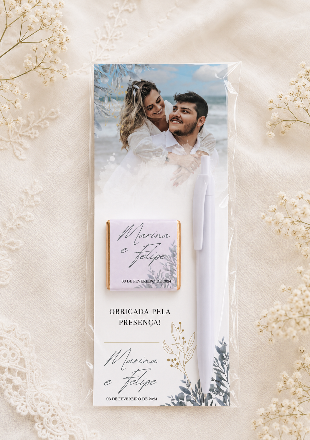 Caneta com cartão e chocolate de 5g - Casamento