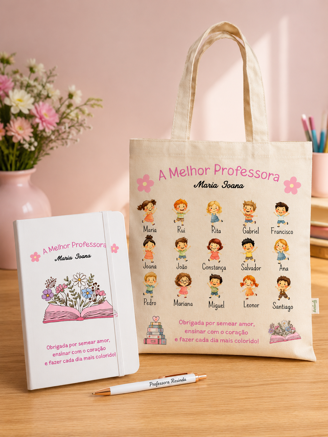 Conjunto Saco de Pano + bloco A5 + caneta Professora / educadora