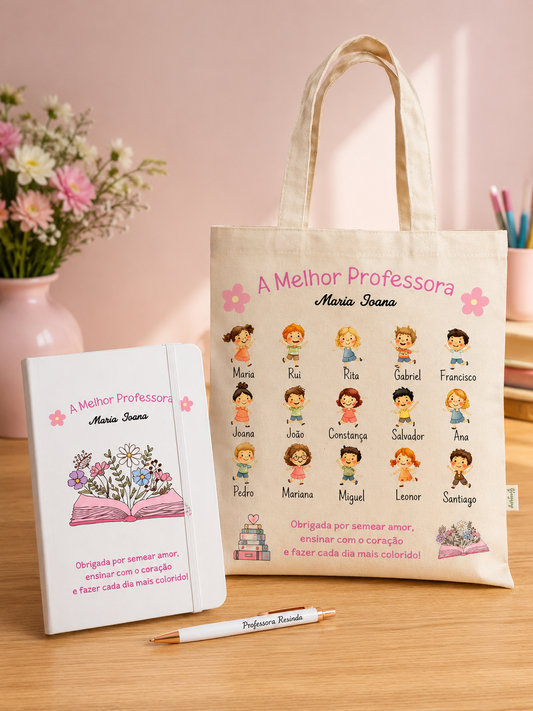 Conjunto Saco de Pano + bloco A5 + caneta Professora / educadora - expresso